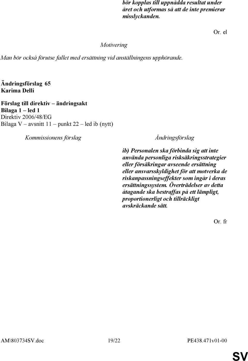 el 65 Bilaga V avsnitt 11 punkt 22 led ib (nytt) ib) Personalen ska förbinda sig att inte använda personliga risksäkringsstrategier eller försäkringar