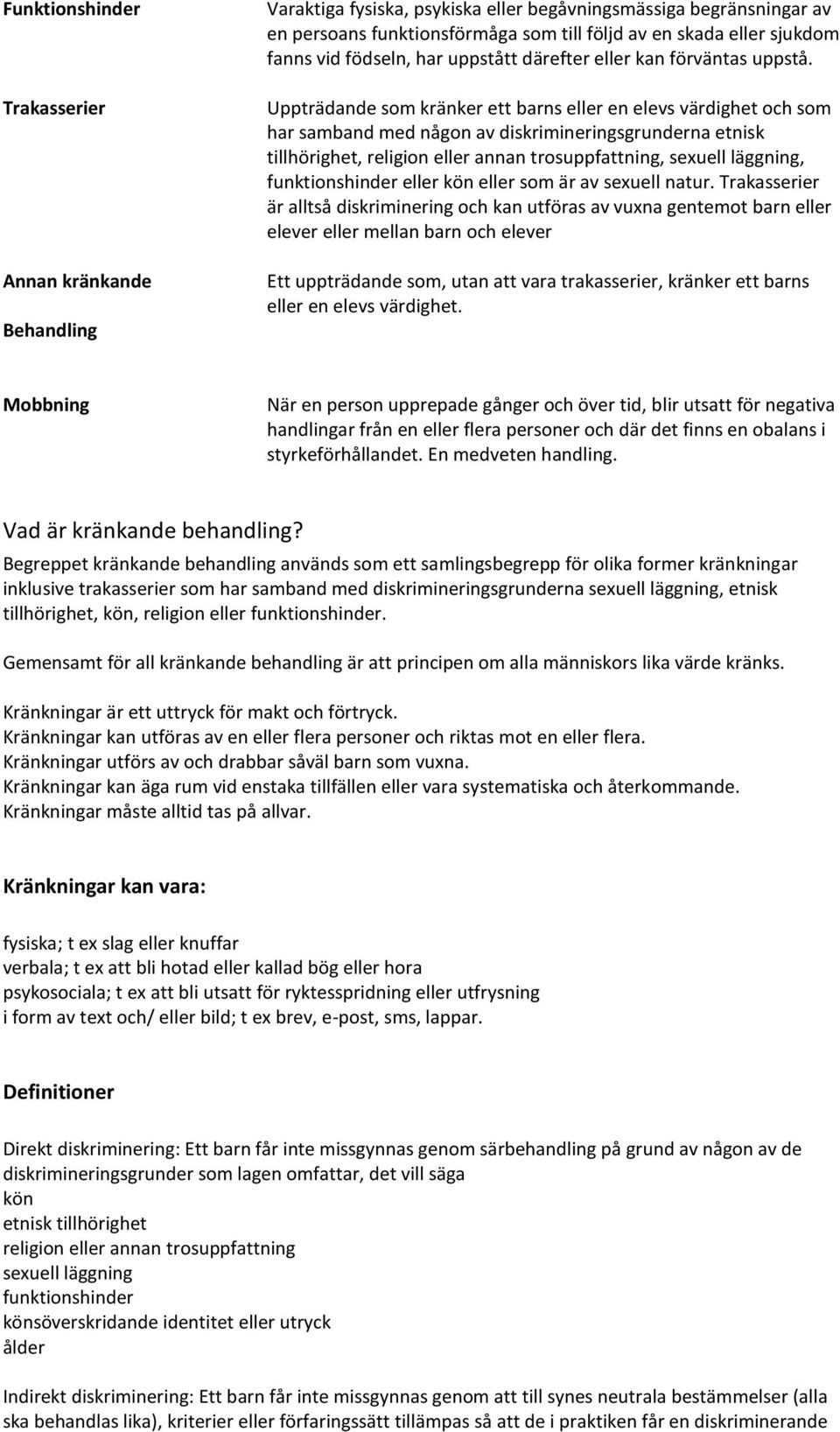 Uppträdande som kränker ett barns eller en elevs värdighet och som har samband med någon av diskrimineringsgrunderna etnisk tillhörighet, religion eller annan trosuppfattning, sexuell läggning,