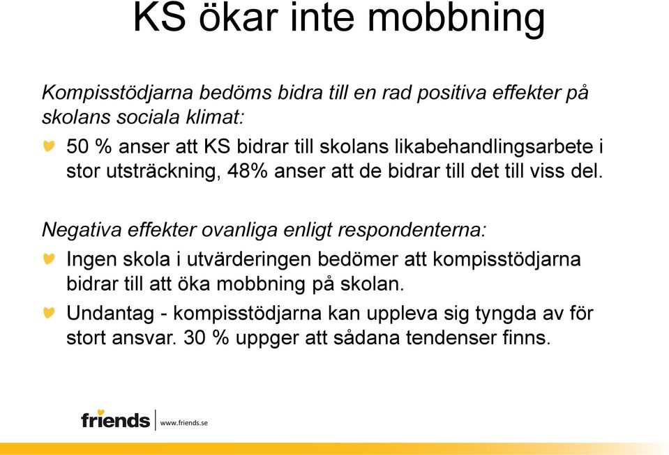 Negativa effekter ovanliga enligt respondenterna: Ingen skola i utvärderingen bedömer att kompisstödjarna bidrar till att