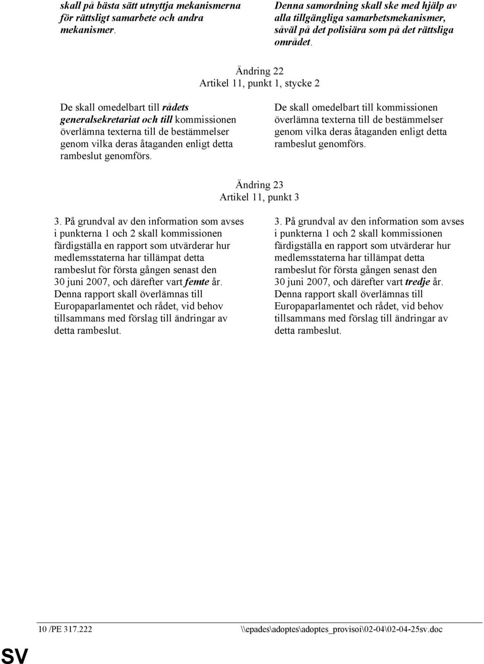 Ändring 22 Artikel 11, punkt 1, stycke 2 De skall omedelbart till rådets generalsekretariat och till kommissionen överlämna texterna till de bestämmelser genom vilka deras åtaganden enligt detta