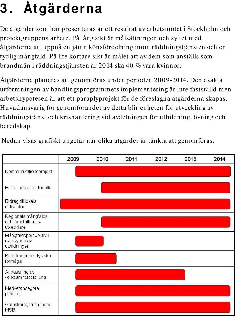 På lite kortare sikt är målet att av dem som anställs som brandmän i räddningstjänsten år 2014 ska 40 % vara kvinnor. Åtgärderna planeras att genomföras under perioden 2009-2014.