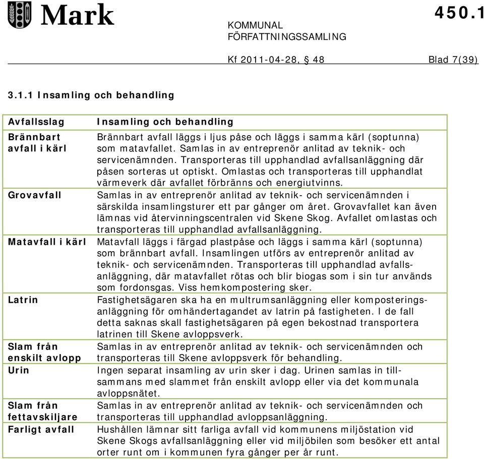 1 Insamling och behandling Avfallsslag Brännbart avfall i kärl Grovavfall Matavfall i kärl Latrin Slam från enskilt avlopp Urin Slam från fettavskiljare Farligt avfall Insamling och behandling