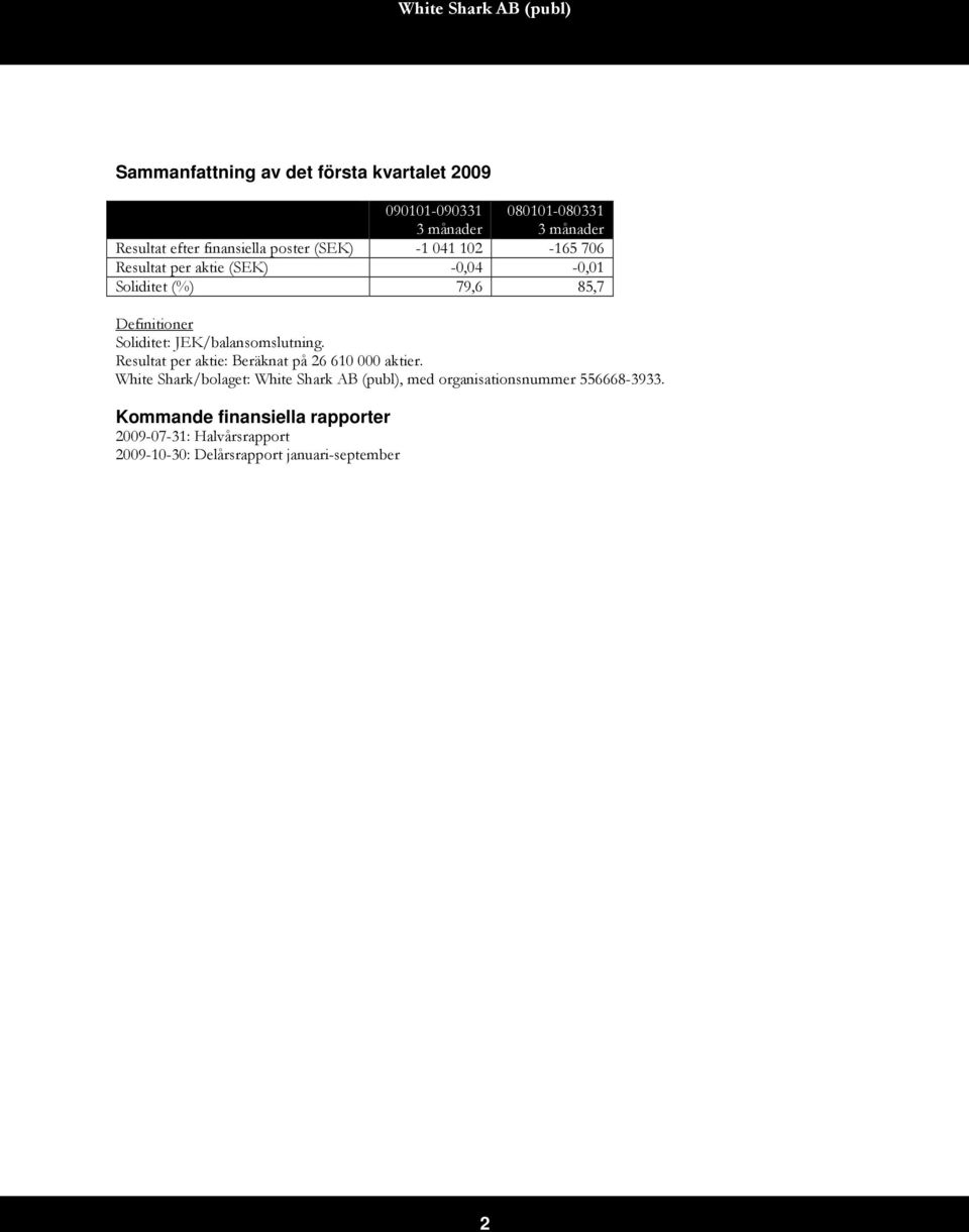 JEK/balansomslutning. Resultat per aktie: Beräknat på 26 610 000 aktier.