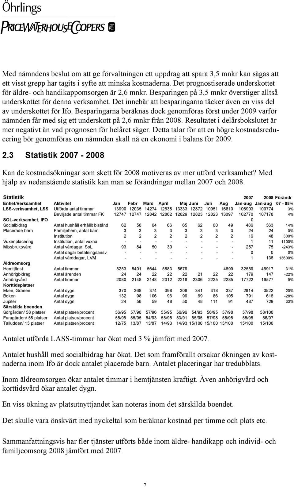 Det innebär att besparingarna täcker även en viss del av underskottet för Ifo. Besparingarna beräknas dock genomföras först under 2009 varför nämnden får med sig ett underskott på 2,6 mnkr från 2008.