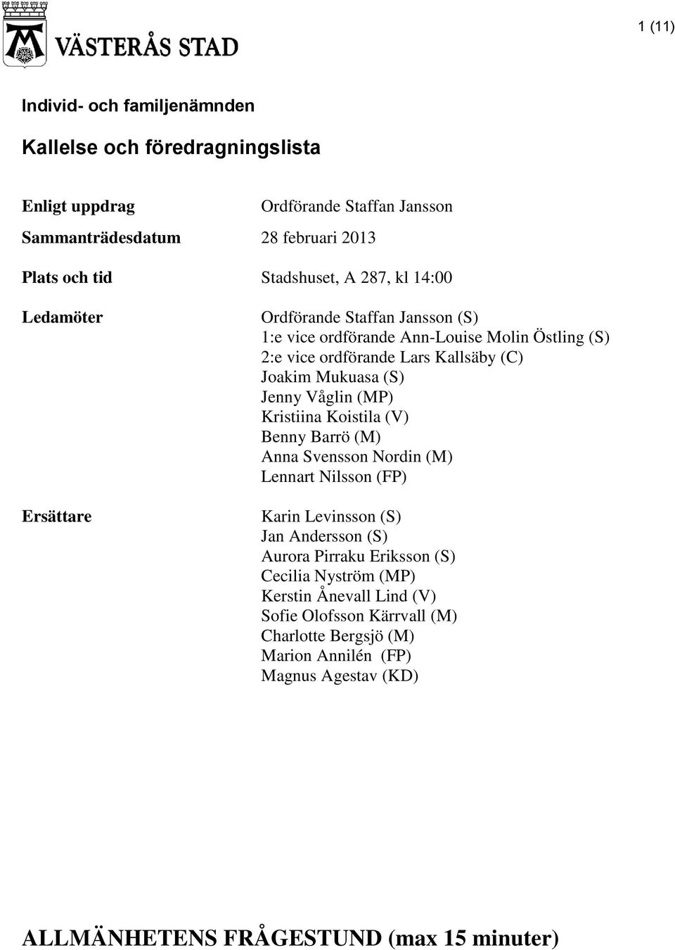 Jenny Våglin (MP) Kristiina Koistila (V) Benny Barrö (M) Anna Svensson Nordin (M) Lennart Nilsson (FP) Karin Levinsson (S) Jan Andersson (S) Aurora Pirraku Eriksson (S)