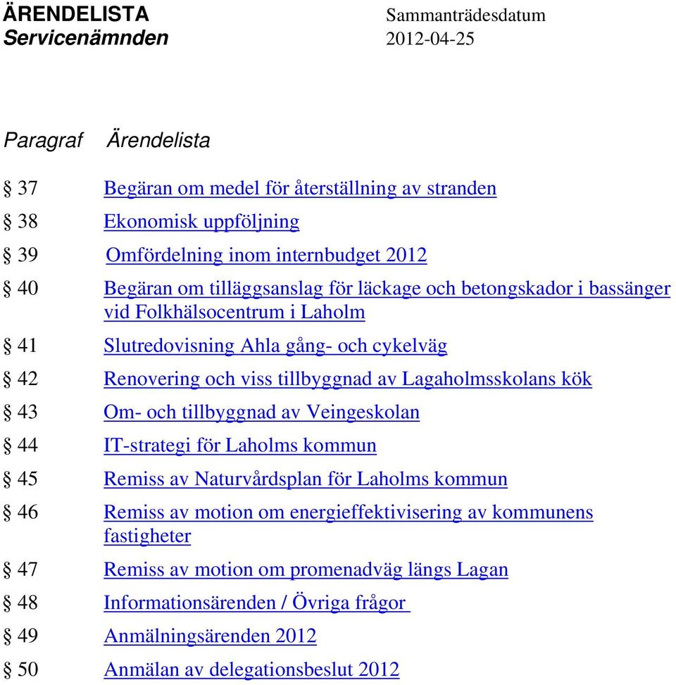 Lagaholmsskolans kök 43 Om- och tillbyggnad av Veingeskolan 44 IT-strategi för Laholms kommun 45 Remiss av Naturvårdsplan för Laholms kommun 46 Remiss av motion om