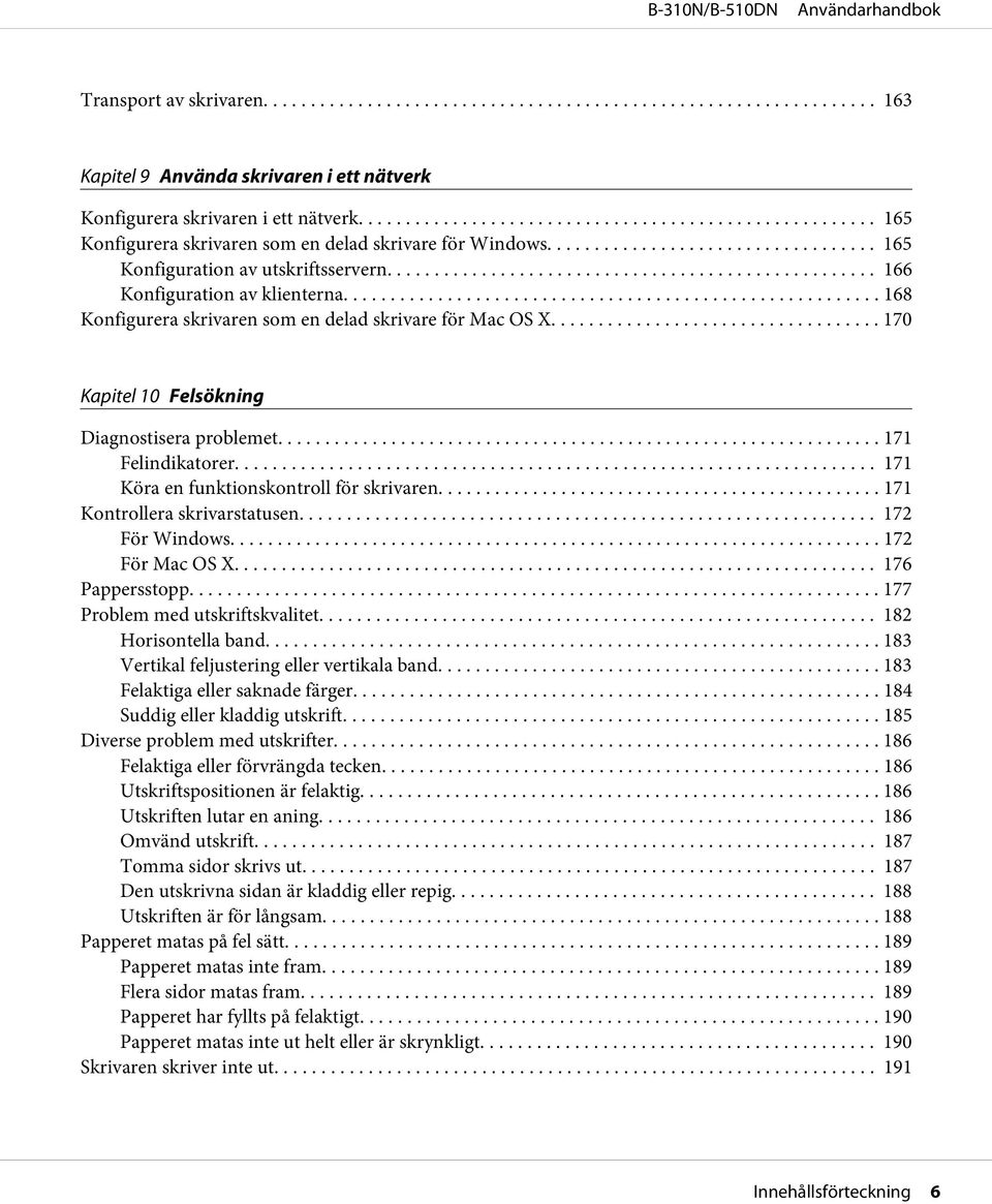 ..... 171 Felindikatorer... 171 Köra en funktionskontroll för skrivaren... 171 Kontrollera skrivarstatusen... 172 För Windows... 172 För Mac OS X... 176 Pappersstopp.