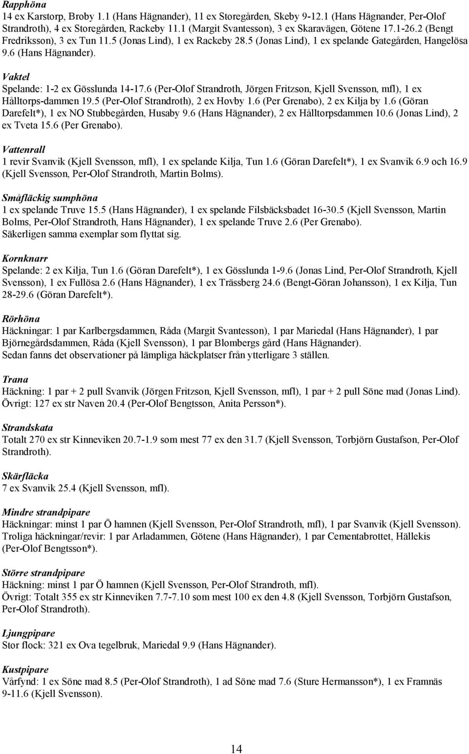 Vaktel Spelande: 1-2 ex Gösslunda 14-17.6 (Per-Olof Strandroth, Jörgen Fritzson, Kjell Svensson, mfl), 1 ex Hålltorps-dammen 19.5 (Per-Olof Strandroth), 2 ex Hovby 1.6 (Per Grenabo), 2 ex Kilja by 1.