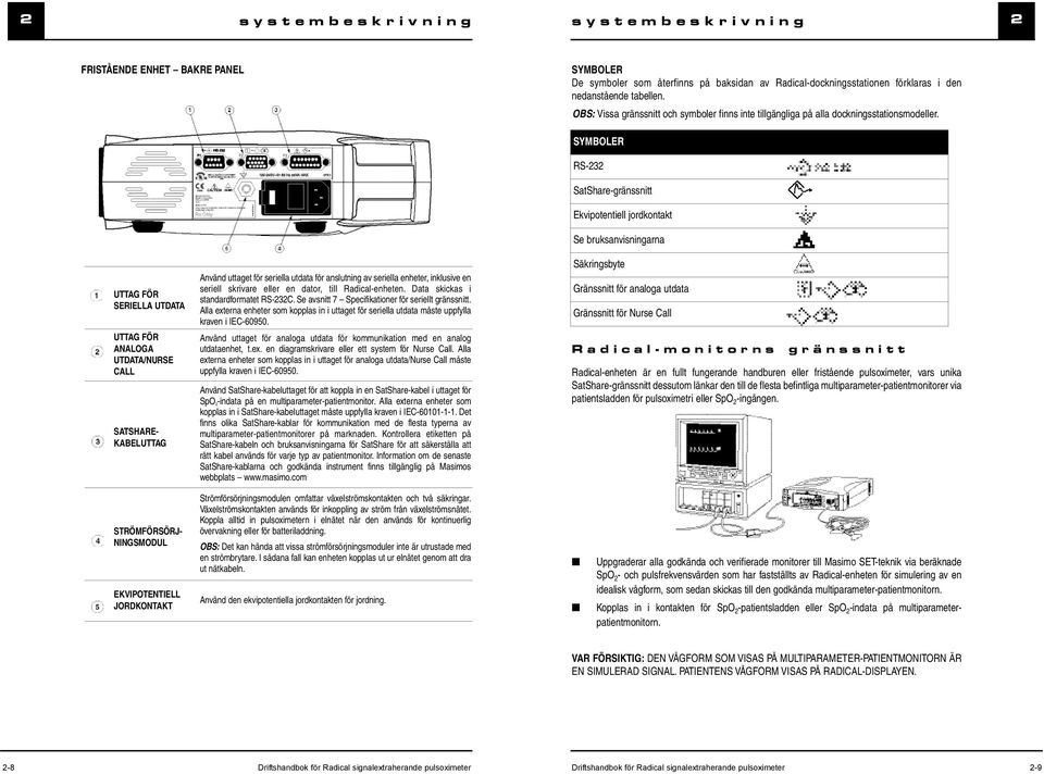 SYMBOLER RS-232 SatShare-gränssnitt Ekvipotentiell jordkontakt Se bruksanvisningarna UTTAG FÖR SERIELLA UTDATA UTTAG FÖR ANALOGA UTDATA/NURSE CALL SATSHARE- KABELUTTAG Använd uttaget för seriella