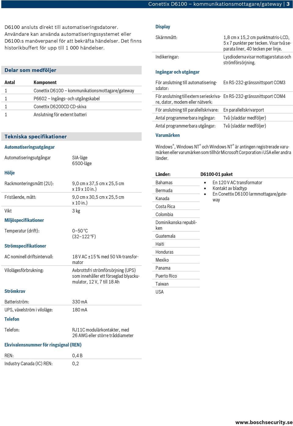 Delar som medföljer Antal Komponent 1 Conettix D6100 kommunikationsmottagare/gateway 1 P6602 Ingångs- och utgångskabel 1 Conettix D6200CD CD-skiva 1 Anslutning för externt batteri Tekniska