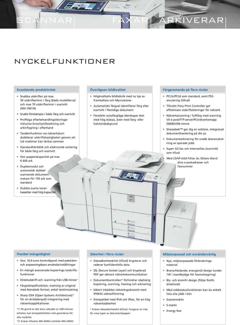 genom att två maskiner kan länkas samman Standardhårddisk och elektronisk sortering för både färg och svartvitt Stor papperskapacitet på max 6 600 ark Duplexmodul och automatisk dubbelscannande