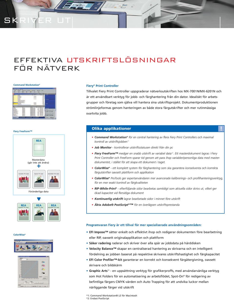 Dokumentproduktionen strömlinjeformas genom hanteringen av både stora färgutskrifter och mer rutinmässiga svartvita jobb. Fiery FreeForm REA Olika applikationer!