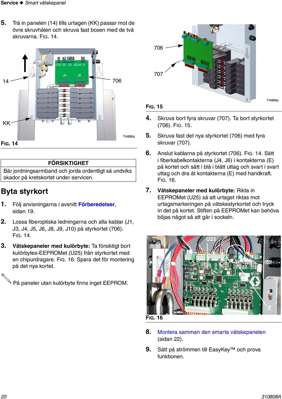 2. Lossa fiberoptiska ledningarna och alla kablar (J, J3, J4, J5, J6, J8, J9, J0) på styrkortet (706). FIG. 4. 3.