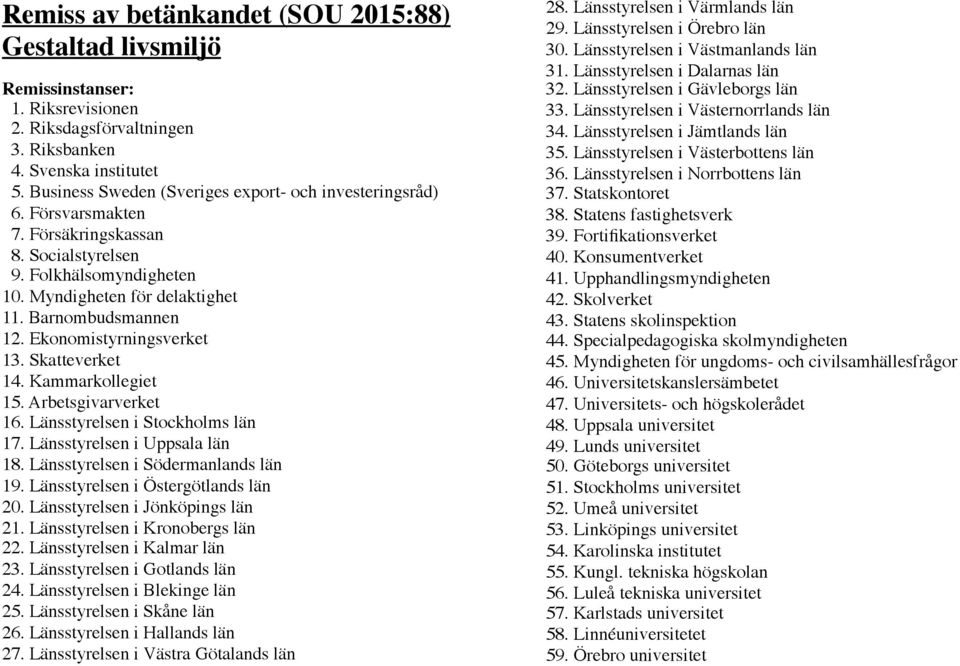 Ekonomistyrningsverket 13. Skatteverket 14. Kammarkollegiet 15. Arbetsgivarverket 16. Länsstyrelsen i Stockholms län 17. Länsstyrelsen i Uppsala län 18. Länsstyrelsen i Södermanlands län 19.