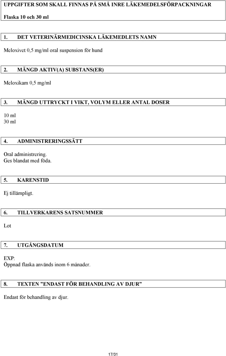MÄNGD AKTIV(A) SUBSTANS(ER) Meloxikam 0,5 mg/ml 3. MÄNGD UTTRYCKT I VIKT, VOLYM ELLER ANTAL DOSER 10 ml 30 ml 4.