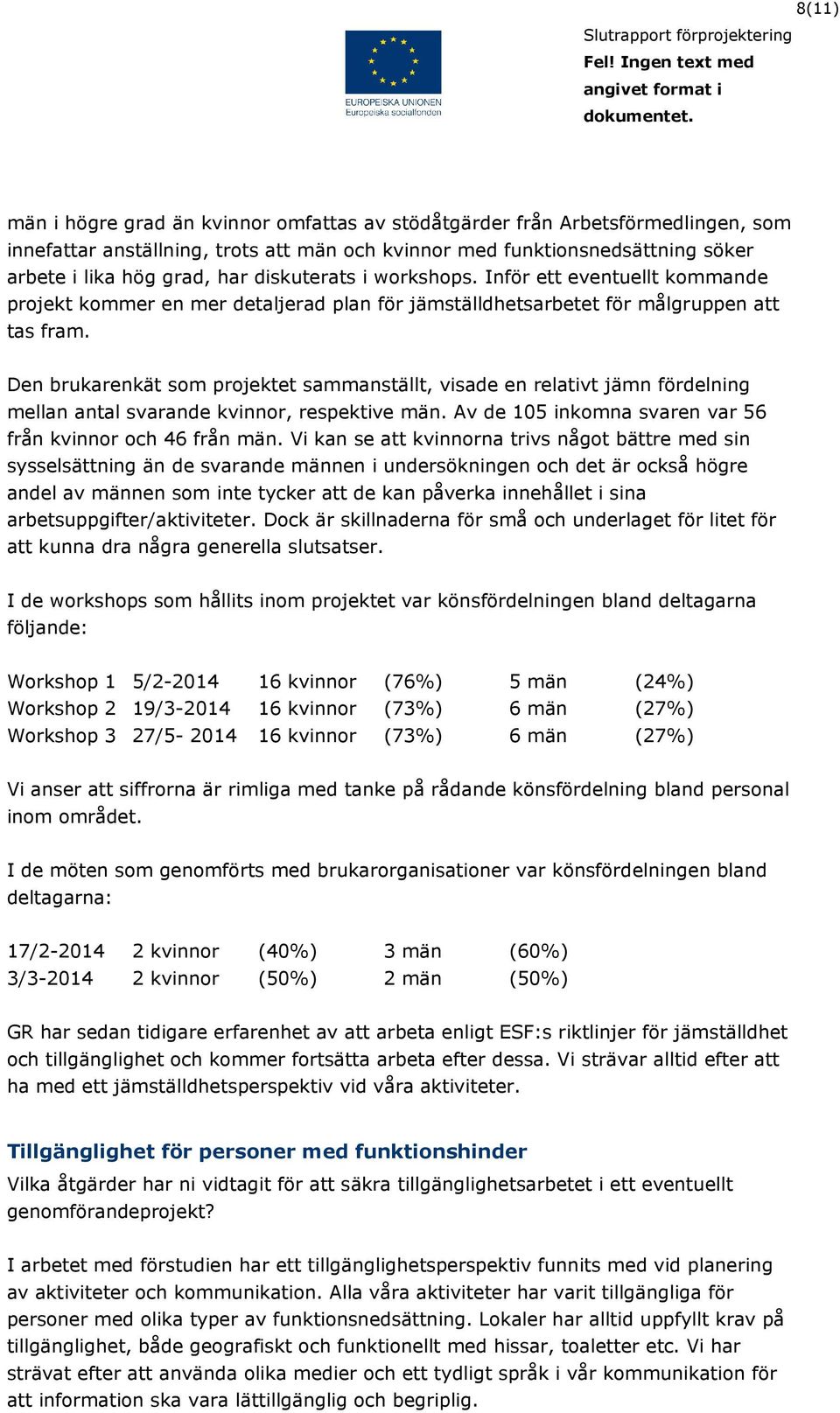 Den brukarenkät som projektet sammanställt, visade en relativt jämn fördelning mellan antal svarande kvinnor, respektive män. Av de 105 inkomna svaren var 56 från kvinnor och 46 från män.