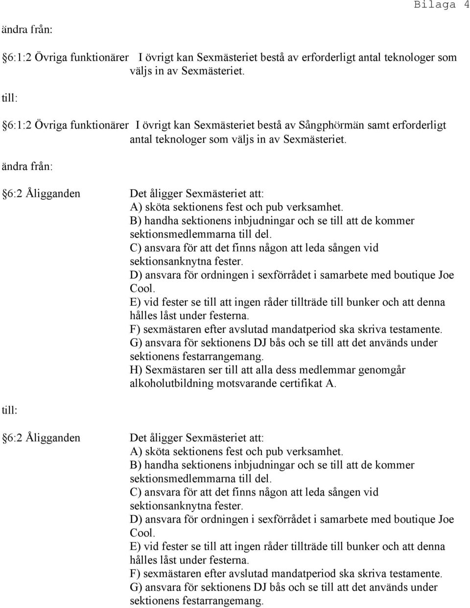 6:2 Åligganden Det åligger Sexmästeriet att: A) sköta sektionens fest och pub verksamhet. B) handha sektionens inbjudningar och se till att de kommer sektionsmedlemmarna till del.