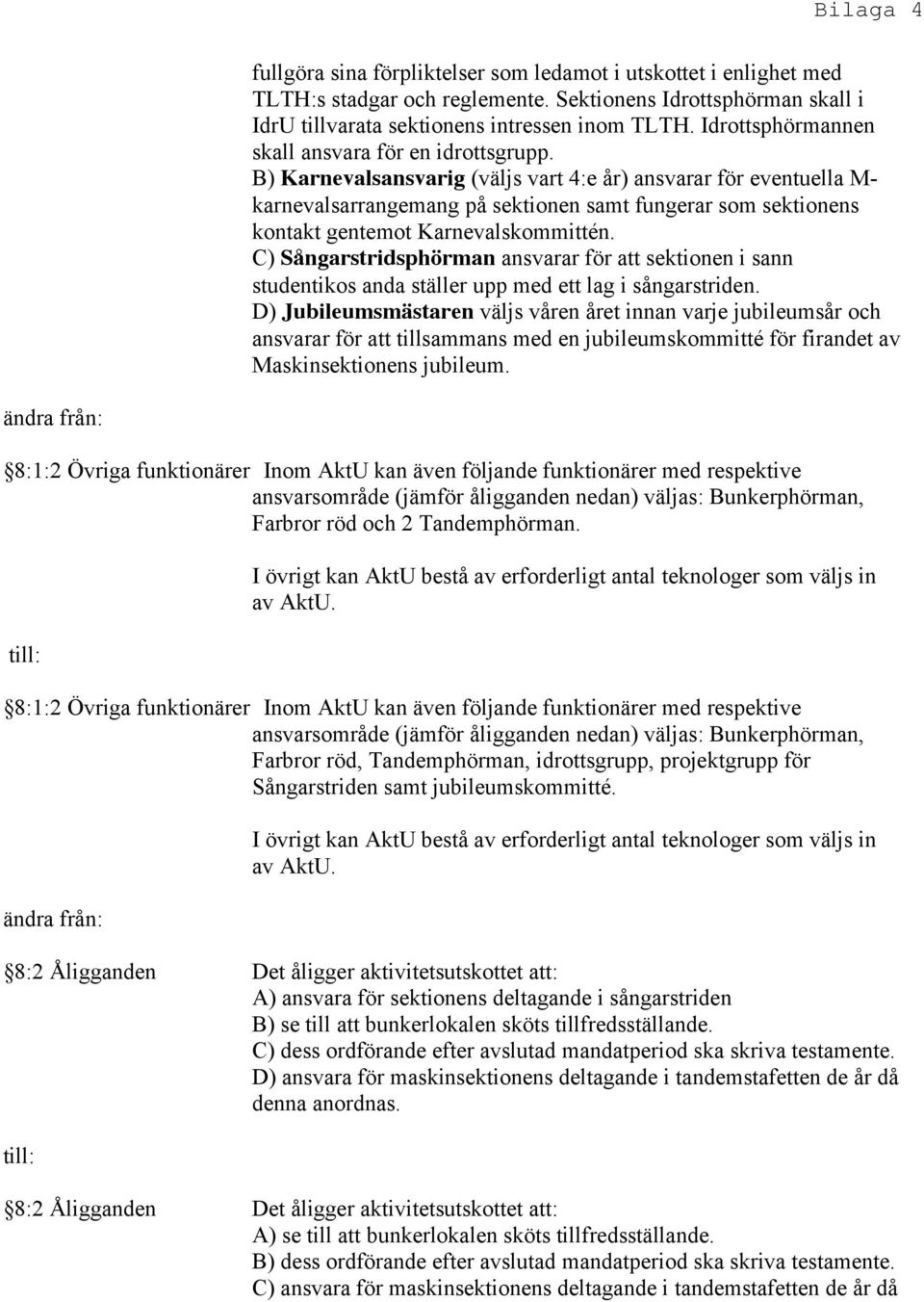 B) Karnevalsansvarig (väljs vart 4:e år) ansvarar för eventuella M- karnevalsarrangemang på sektionen samt fungerar som sektionens kontakt gentemot Karnevalskommittén.