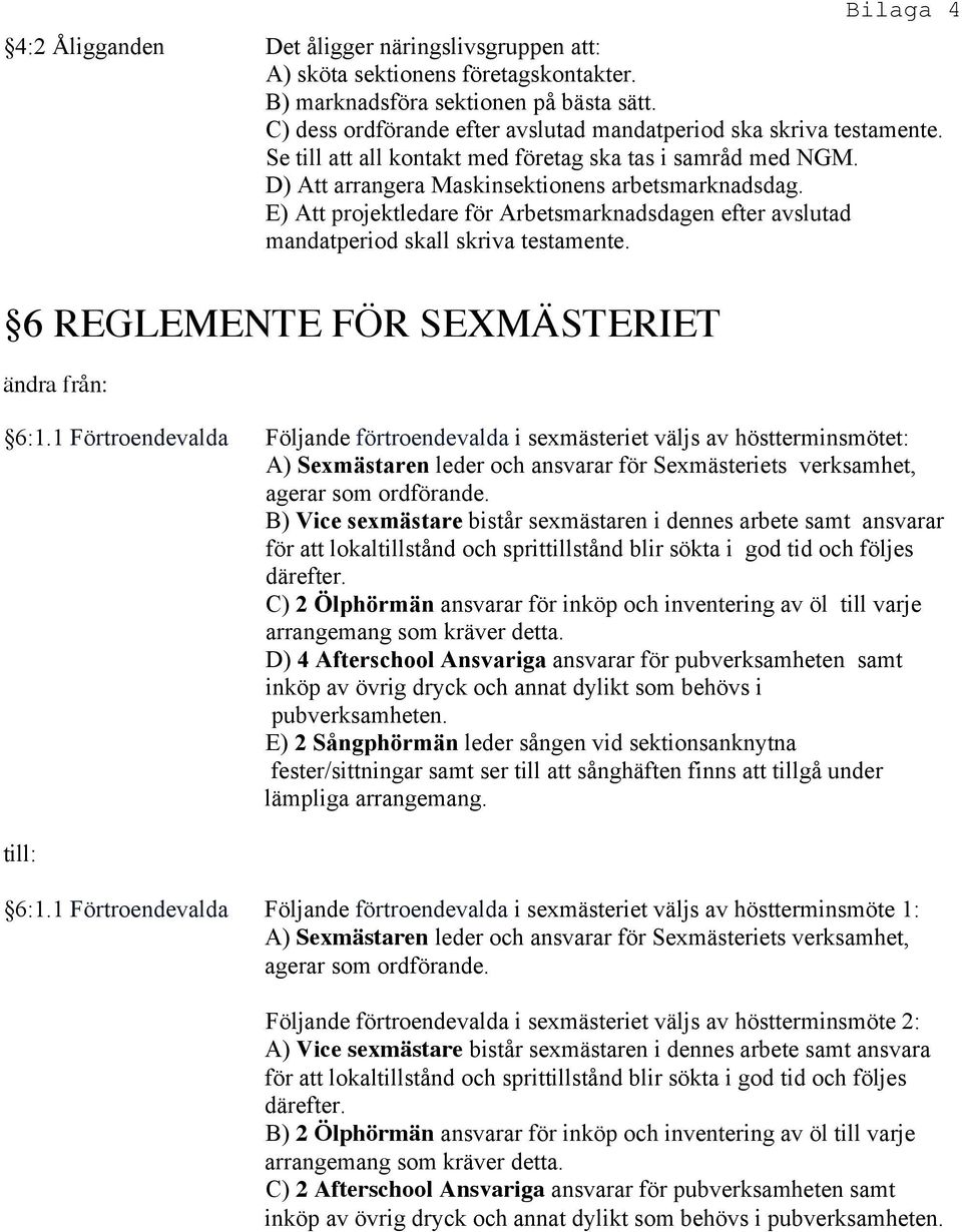 E) Att projektledare för Arbetsmarknadsdagen efter avslutad mandatperiod skall skriva testamente. 6 REGLEMENTE FÖR SEXMÄSTERIET 6:1.