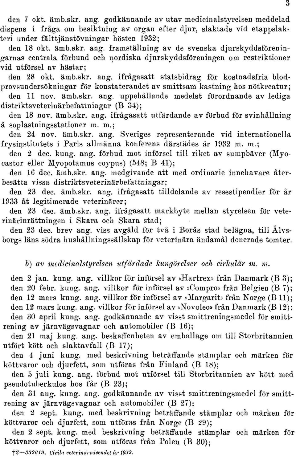 ämb.skr. ang. uppehållande medelst förordnande av lediga distriktsveterinärbefattningar (B 34); den 18 nov. ämb.skr. ang. ifrågasatt utfärdande av förbud för svinhållning å soplastningsstationer m. m.; den 24 nov.