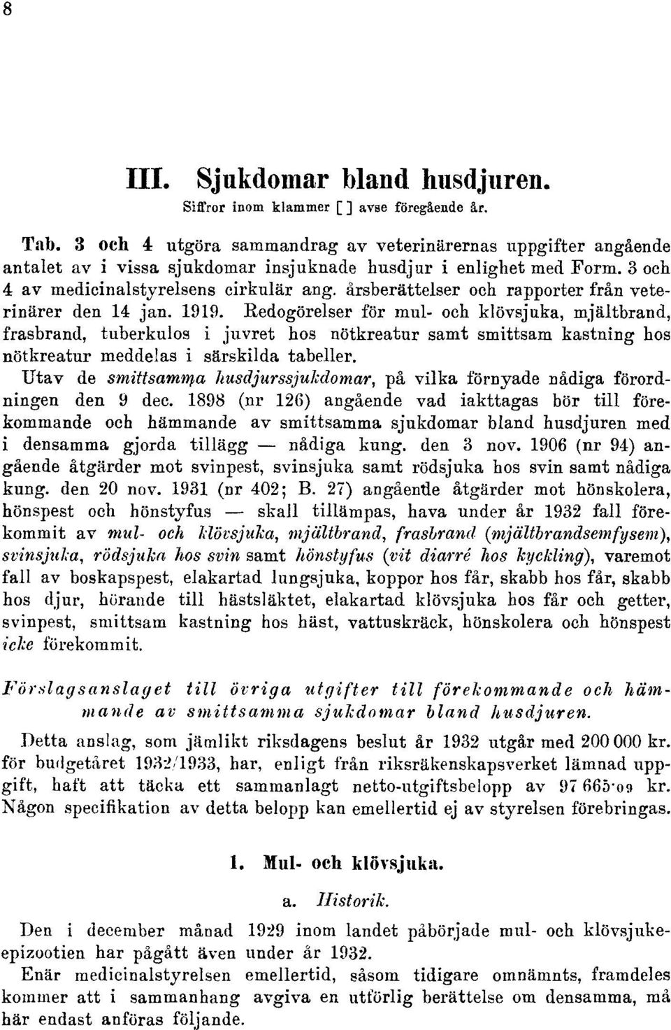 årsberättelser och rapporter från veterinärer den 14 jan. 1919.