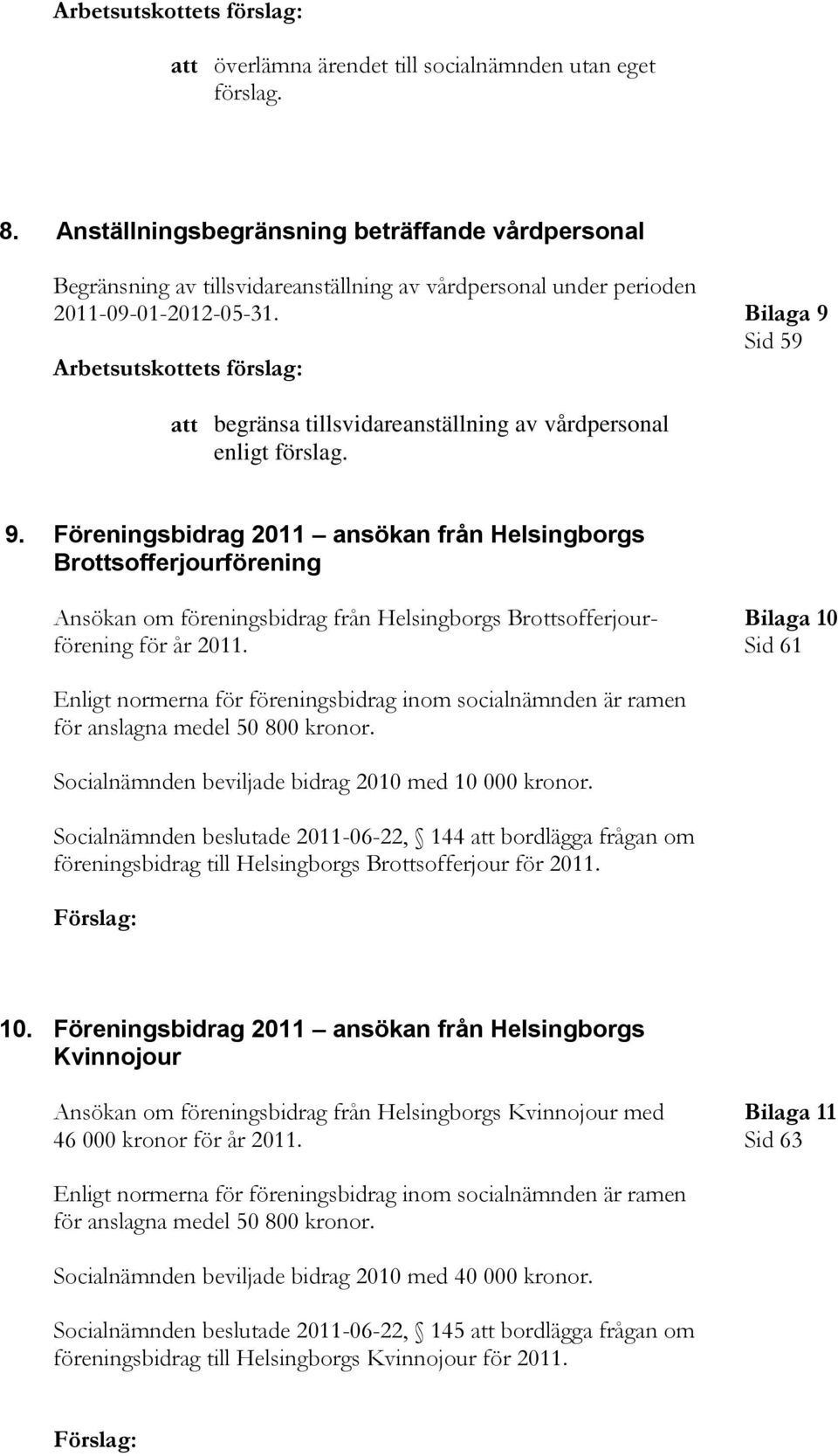 Bilaga 9 Sid 59 att begränsa tillsvidareanställning av vårdpersonal enligt förslag. 9. Föreningsbidrag 2011 ansökan från Helsingborgs Brottsofferjourförening Ansökan om föreningsbidrag från Helsingborgs Brottsofferjour- Bilaga 10 förening för år 2011.