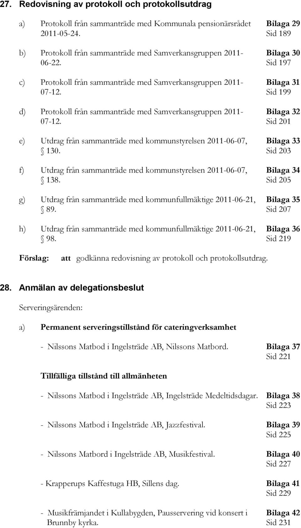 Sid 199 d) Protokoll från sammanträde med Samverkansgruppen 2011- Bilaga 32 07-12. Sid 201 e) Utdrag från sammanträde med kommunstyrelsen 2011-06-07, Bilaga 33 130.