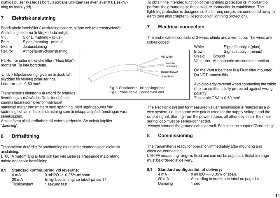 rör sitter ett vätske filter ( Fluid filter ) monterat. Ta inte bort detta. Undvik felpolarisering (givaren är dock fullt skyddad för felaktig polarisering). Ledararea är 0,50 mm 2.