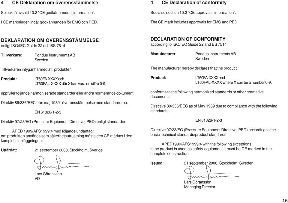 The CE mark includes approvals for EMC and PED DEKLARATION OM ÖVERENSSTÄMMELSE enligt ISO/IEC Guide 22 och BS 7514 DECLARATION OF CONFORMITY according to ISO/IEC Guide 22 and BS 7514 Tillverkare: