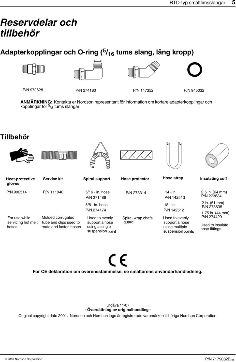 Tillbehör Heat protective gloves Service kit Spiral support Hose protector Hose strap Insulating cuff P/N 902514 P/N 111940 5/16 in. hose P/N 271486 5/8 in.