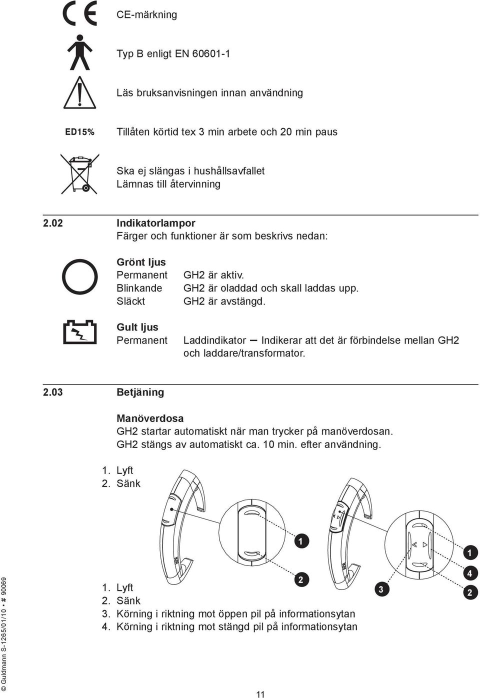 Laddindikator Indikerar att det är förbindelse mellan GH2 och laddare/transformator. 2.03 Betjäning Manöverdosa GH2 startar automatiskt när man trycker på manöverdosan.