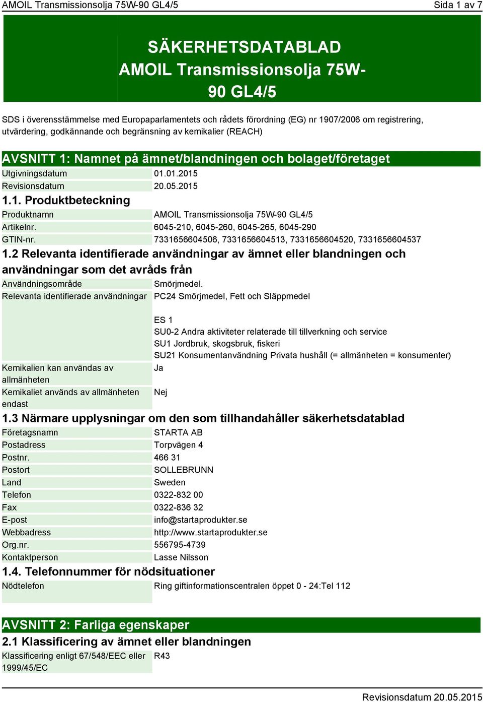 6045-210, 6045-260, 6045-265, 6045-290 GTIN-nr. 7331656604506, 7331656604513, 7331656604520, 7331656604537 1.