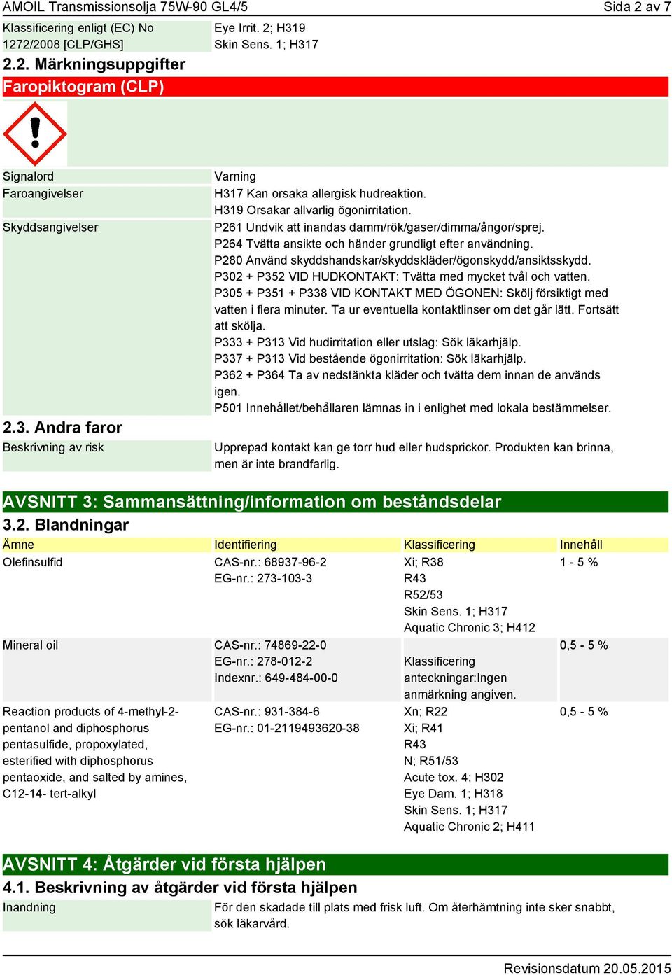 P261 Undvik att inandas damm/rök/gaser/dimma/ångor/sprej. P264 Tvätta ansikte och händer grundligt efter användning. P280 Använd skyddshandskar/skyddskläder/ögonskydd/ansiktsskydd.