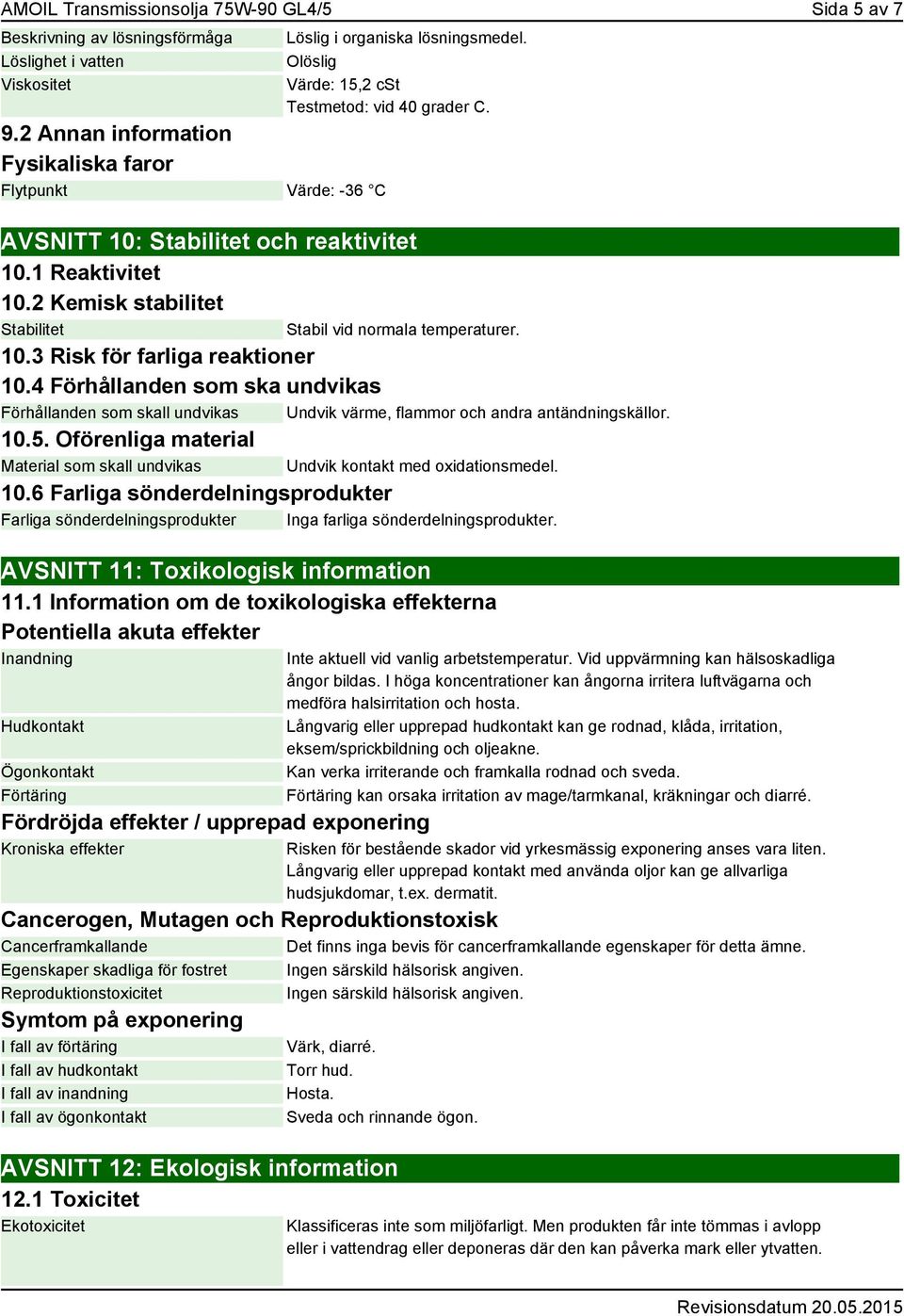 1 Reaktivitet 10.2 Kemisk stabilitet Stabilitet Stabil vid normala temperaturer. 10.3 Risk för farliga reaktioner 10.