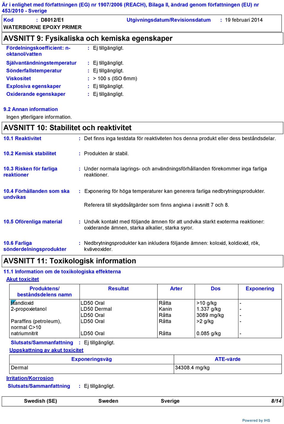 1 Reaktivitet Det finns inga testdata för reaktiviteten hos denna produkt eller dess beståndsdelar. 10.