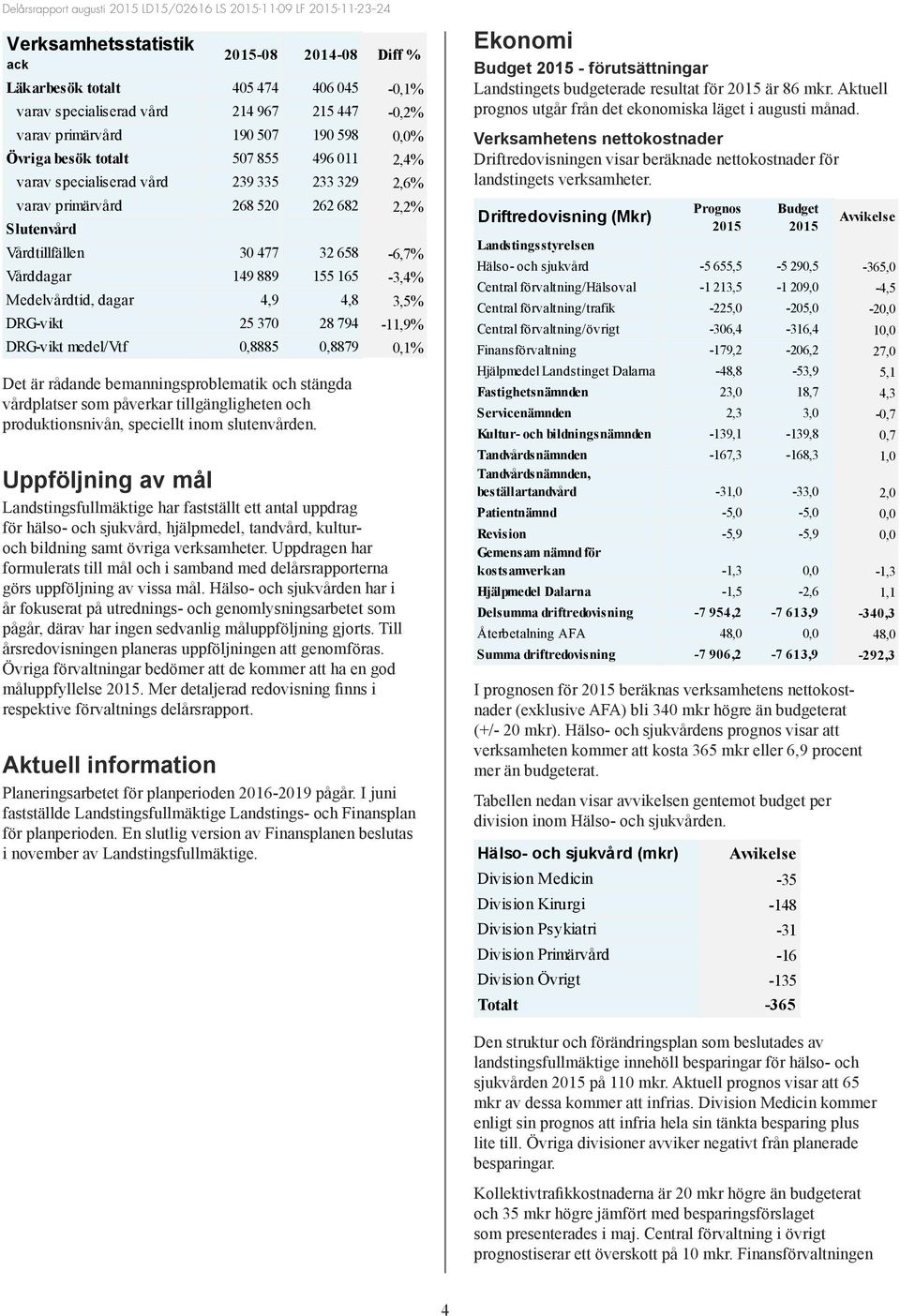 Vårddagar 149 889 155 165-3,4% Medelvårdtid, dagar 4,9 4,8 3,5% DRG-vikt 25 370 28 794-11,9% DRG-vikt medel/vtf 0,8885 0,8879 0,1% Det är rådande bemanningsproblematik och stängda vårdplatser som