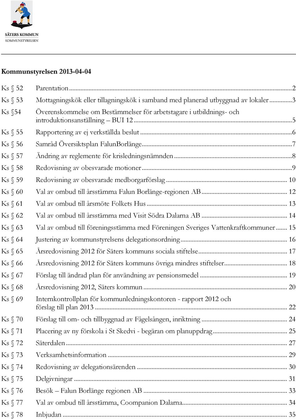 .. 6 Ks 56 Samråd Översiktsplan FalunBorlänge... 7 Ks 57 Ändring av reglemente för krisledningsnämnden... 8 Ks 58 Redovisning av obesvarade motioner.