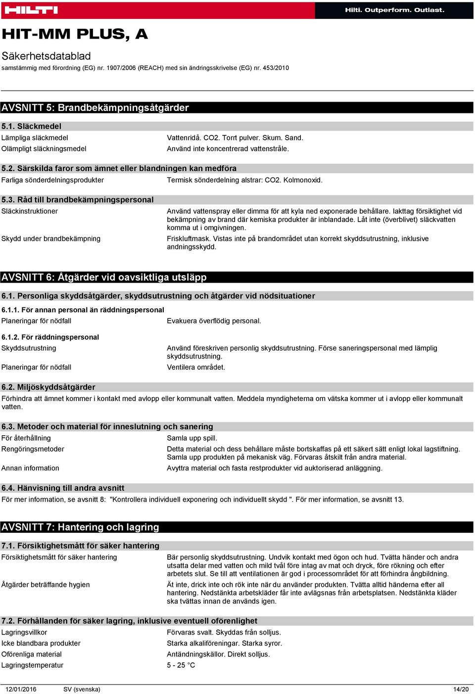 Kolmonoxid. 5.3. Råd till brandbekämpningspersonal Släckinstruktioner Skydd under brandbekämpning Använd vattenspray eller dimma för att kyla ned exponerade behållare.