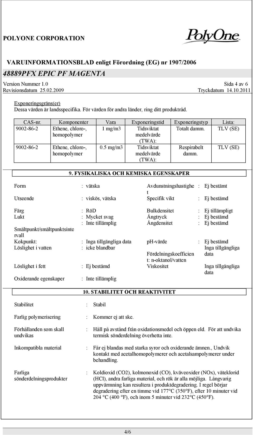 5 mg/m3 Tidsviktat medelvärde (TWA): 9. FYSIKALISKA OCH KEMISKA EGENSKAPER Respirabelt damm.