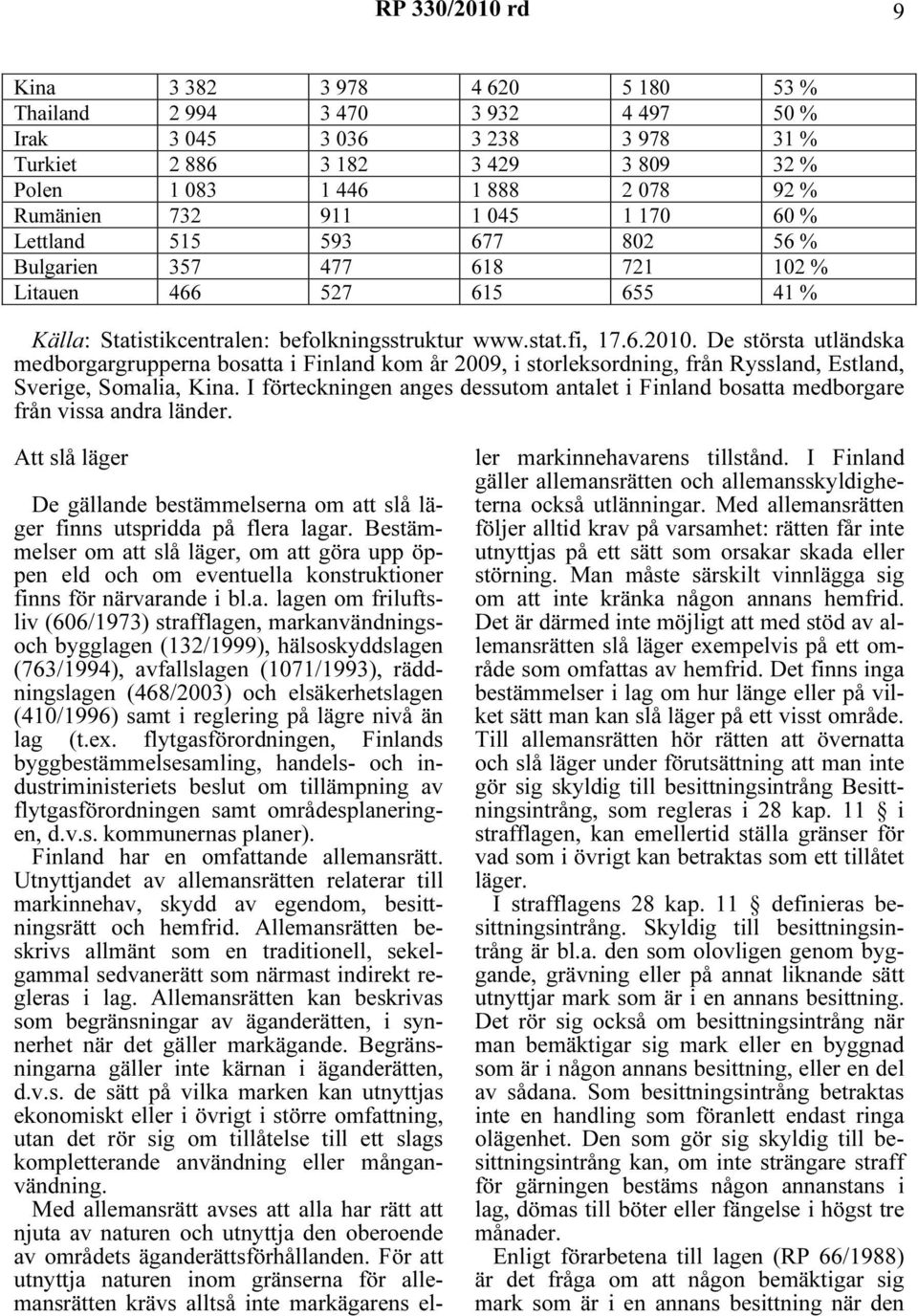 De största utländska medborgargrupperna bosatta i Finland kom år 2009, i storleksordning, från Ryssland, Estland, Sverige, Somalia, Kina.