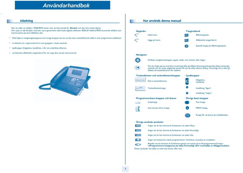 Med hjälp av navigeringsknapparna och övriga knappar kan du via det stora teckenfönstret ställa in och programmera telefonen. Åtgärder Lyfta luren. Lägga på luren. Tangentbord Sifferknappsats.