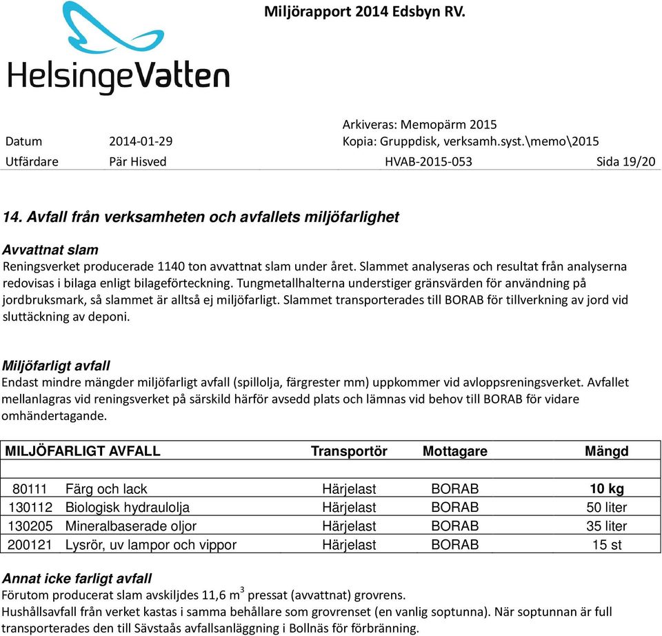 Slammet analyseras och resultat från analyserna redovisas i bilaga enligt bilageförteckning.