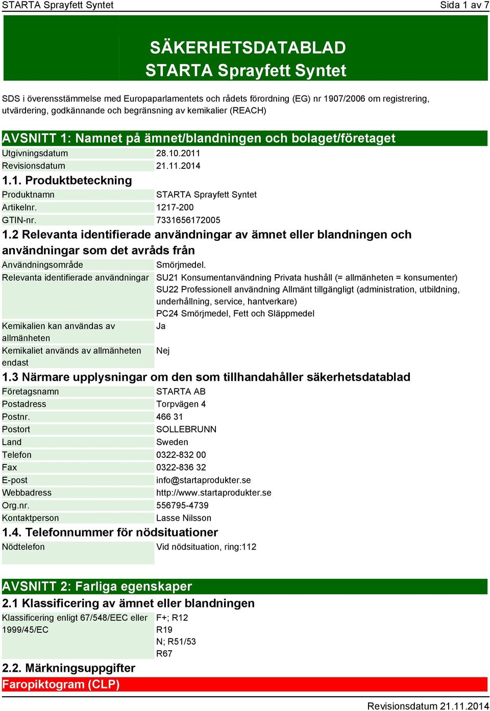 1217-200 GTIN-nr. 7331656172005 1.2 Relevanta identifierade användningar av ämnet eller blandningen och användningar som det avråds från Användningsområde Smörjmedel.