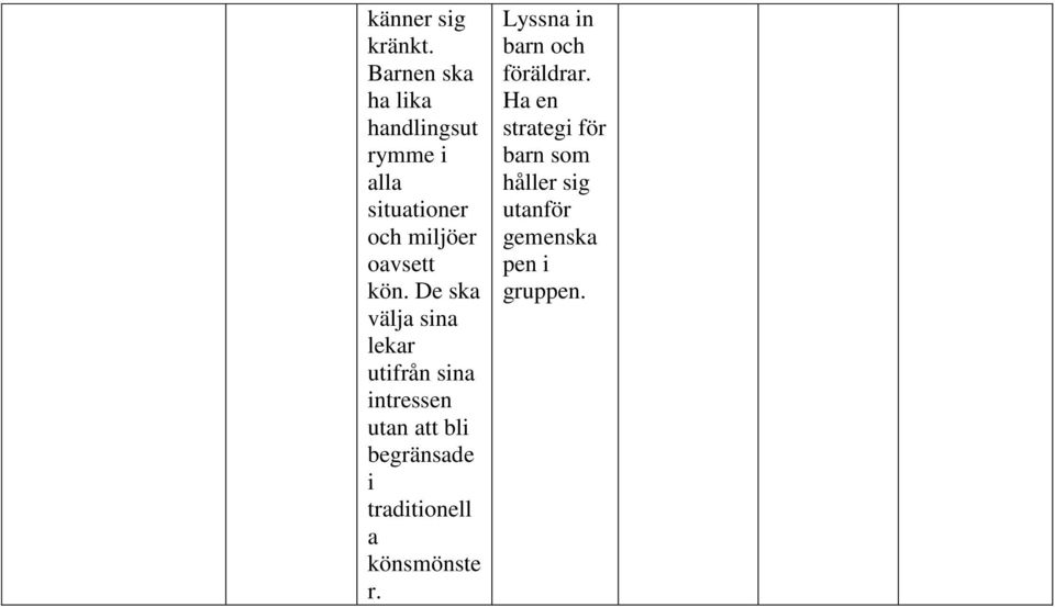 kön. De ska välja sina lekar utifrån sina intressen utan att bli begränsade