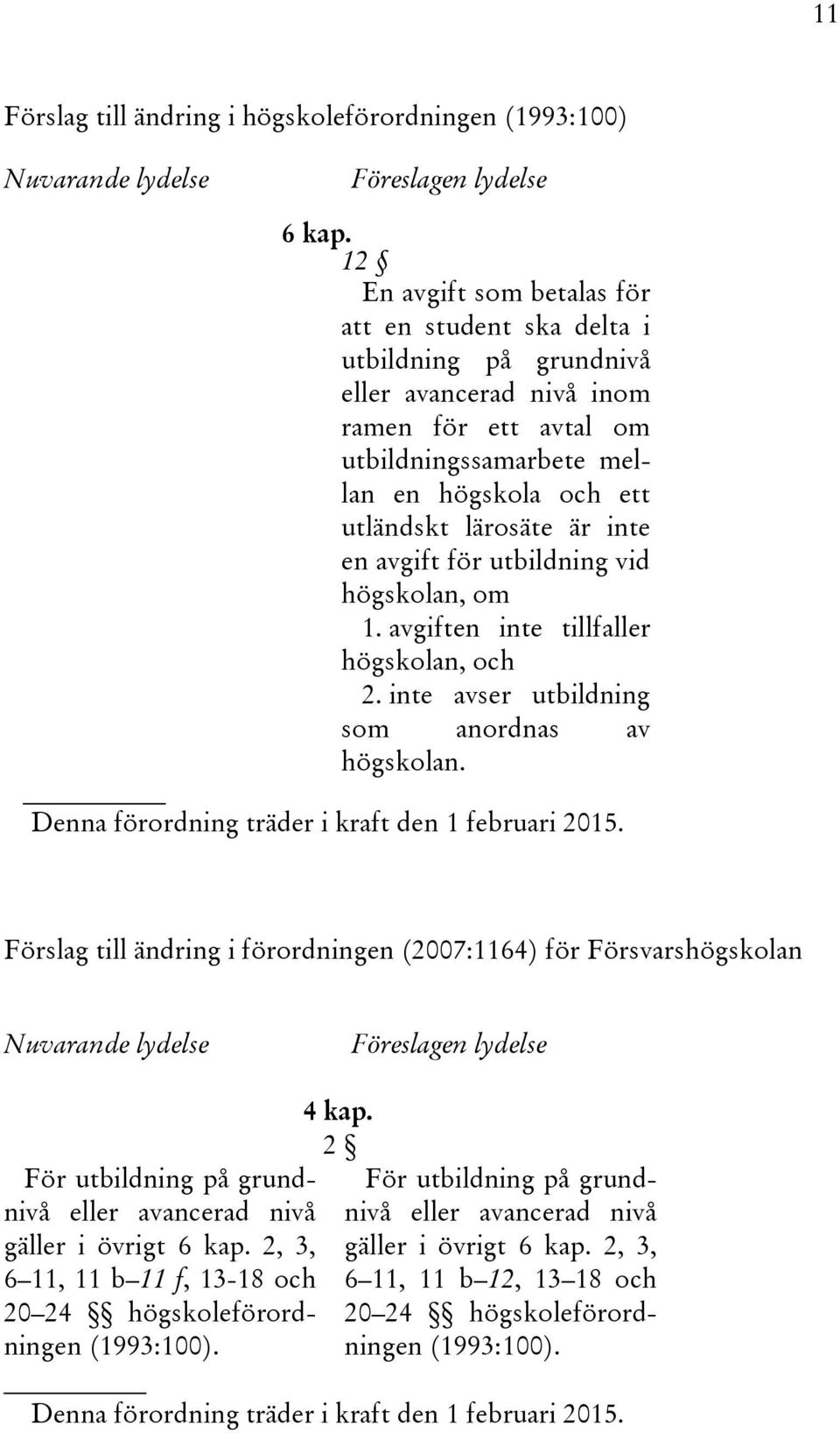 inte en avgift för utbildning vid högskolan, om 1. avgiften inte tillfaller högskolan, och 2. inte avser utbildning som anordnas av högskolan. Denna förordning träder i kraft den 1 februari 2015.