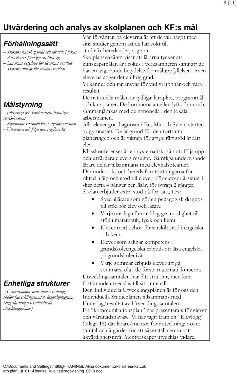 strukturer i Haninges skolor (utvecklingssamtal, åtgärdsprogram, betygssättning och individuella utvecklingsplaner) Vår förväntan på eleverna är att de vill något med sina studier genom att de har