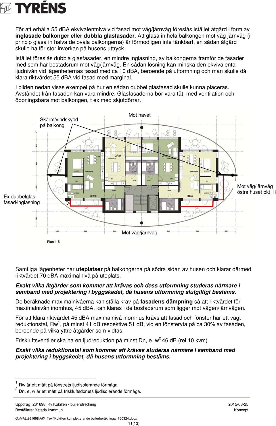 Istället föreslås dubbla glasfasader, en mindre inglasning, av balkongerna framför de fasader med som har bostadsrum mot väg/järnväg.