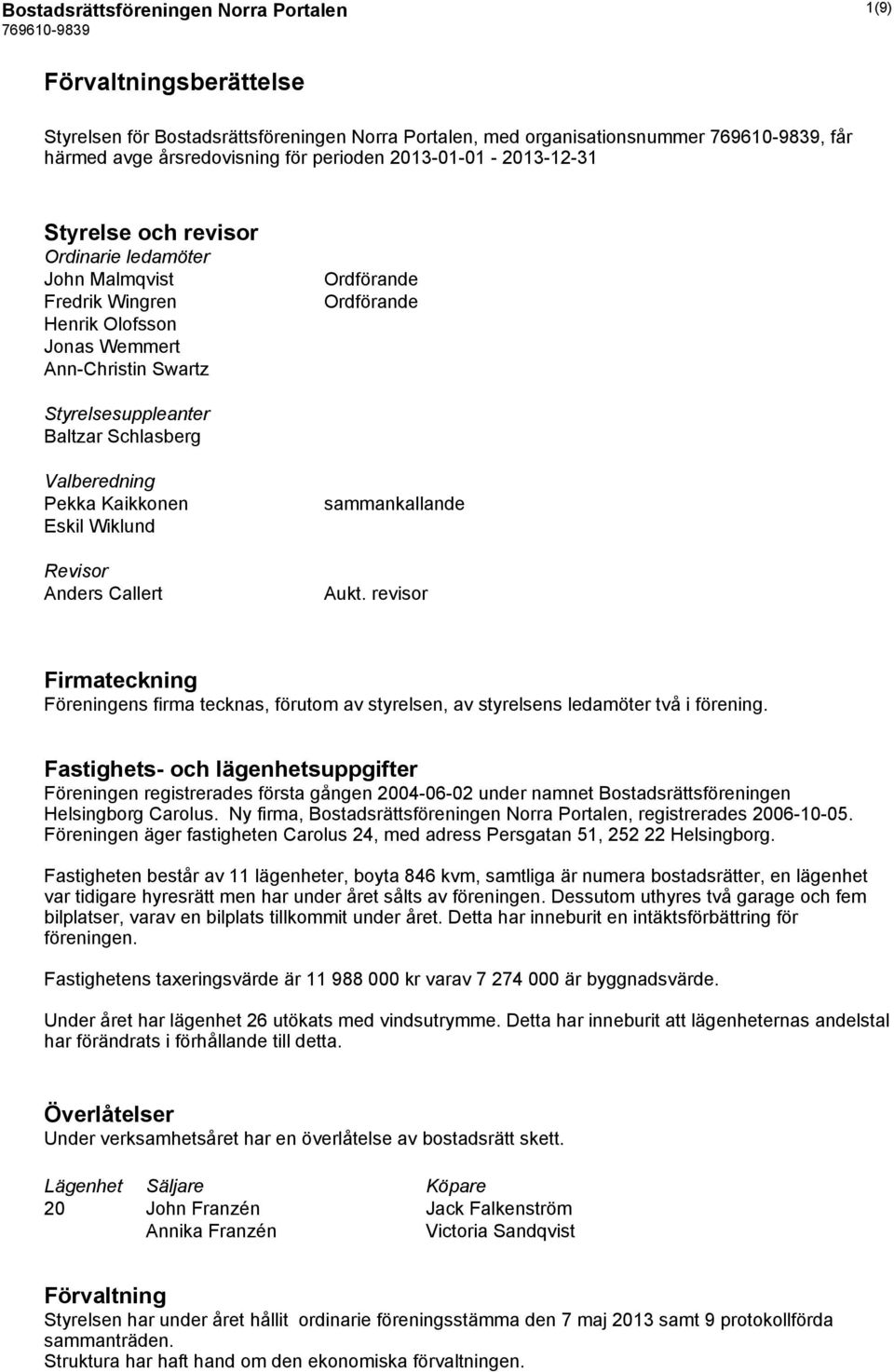 Schlasberg Valberedning Pekka Kaikkonen Eskil Wiklund Revisor Anders Callert sammankallande Aukt.