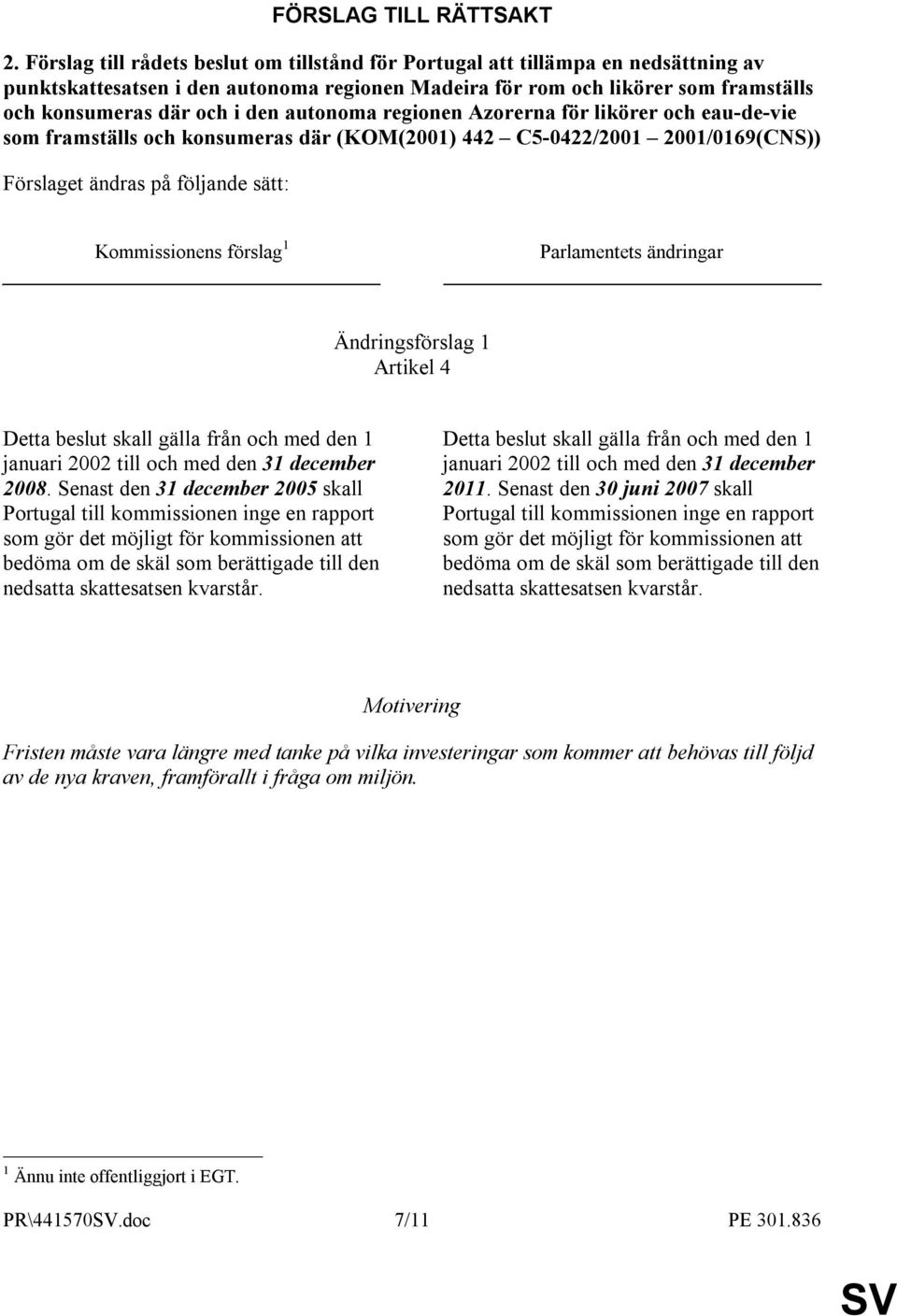 autonoma regionen Azorerna för likörer och eau-de-vie som framställs och konsumeras där (KOM(2001) 442 C5-0422/2001 2001/0169(CNS)) Förslaget ändras på följande sätt: Kommissionens förslag 1