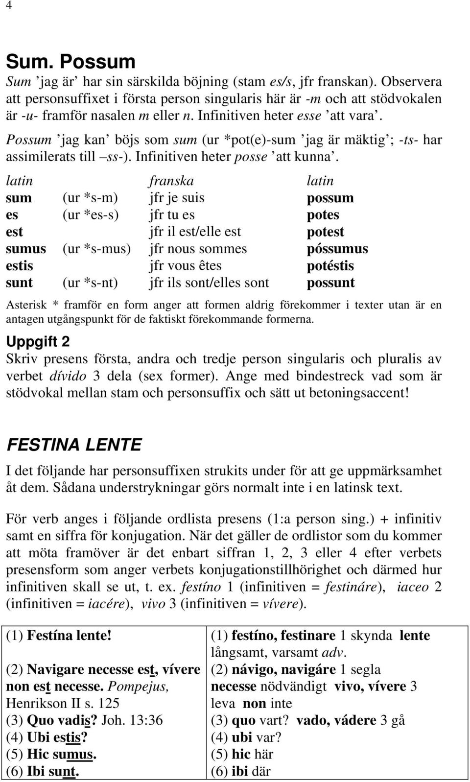 latin franska latin sum (ur *s-m) jfr je suis possum es (ur *es-s) jfr tu es potes est jfr il est/elle est potest sumus (ur *s-mus) jfr nous sommes póssumus estis jfr vous êtes potéstis sunt (ur